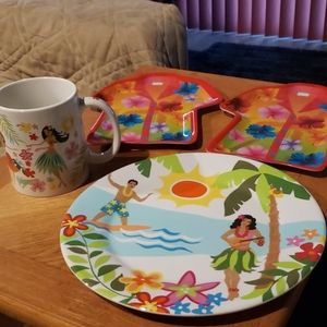 Hawaiian Hula Mug and Plates.